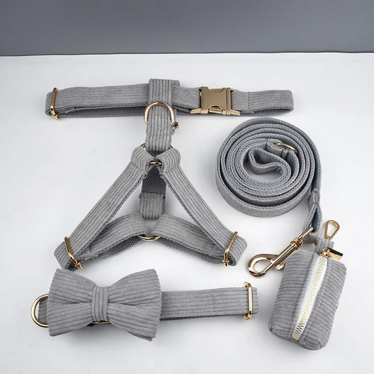 Light Grey Corduroy Dog Collar And Leash Set