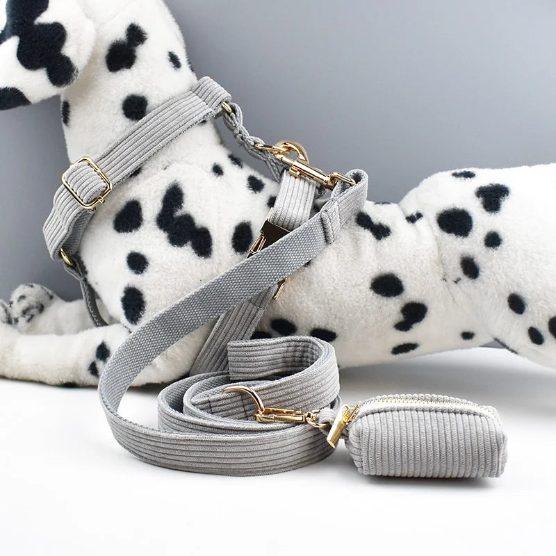 Light Grey Corduroy Dog Collar And Leash Set