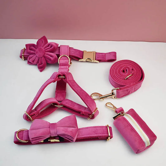 Rose Pink Velvet Dog Collar And Leash Set