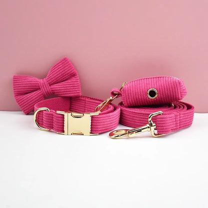 Vivid Pink Corduroy Dog Collar And Leash Set