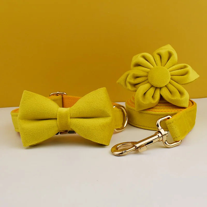 Yellow Velvet Dog Collar And Leash Set